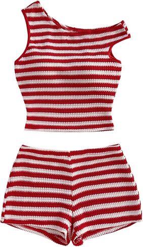 Verdusa Women's 2 Piece Striped Outfits Off The Shoulder Crop Tops and Mini Shorts Set in Saudi Arabia