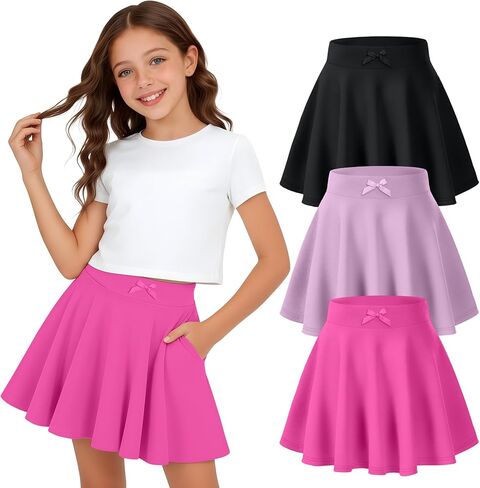 3 Pack Girls' Uniform Skirts Pleated Flared Mini Toddler Active Casual Skorts Built in Shorts with Pockets in Kuwait