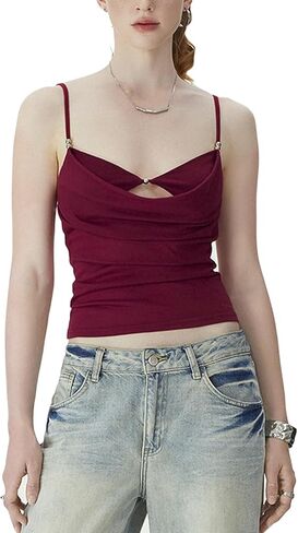 Women Draped Cowl Neck Tank Tops Sexy Layered Bra Cut Out Spaghetti Beaded Y2k Summer Going Out Top in Kuwait