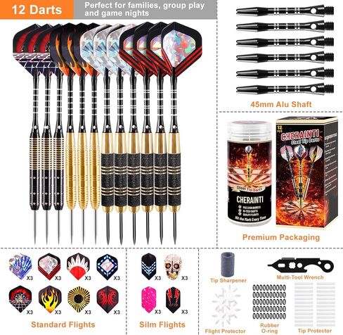 CHERAINTI Darts Metal Tip Set, Professional Steel Tip Darts, 20g 24g Pro Metal Tipped Dart Set for Dartboard with Brass Barrels, Aluminum Shafts, Extra Flights, Sharpener Tool Kit, and Carrying Case in Kuwait