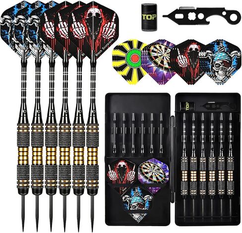 مجموعة سهام احترافية مكونة من 6 قطع بأطراف فولاذية - مجموعة رؤوس معدنية بوزن 22 جرامًا - سهام نحاسية مع 12 عمودًا من الألومنيوم، و12 رحلة رمي السهام، وأداة رمي السهام، ومبراة رمي السهام للمبتدئين وحتى المحترفين in Kuwait