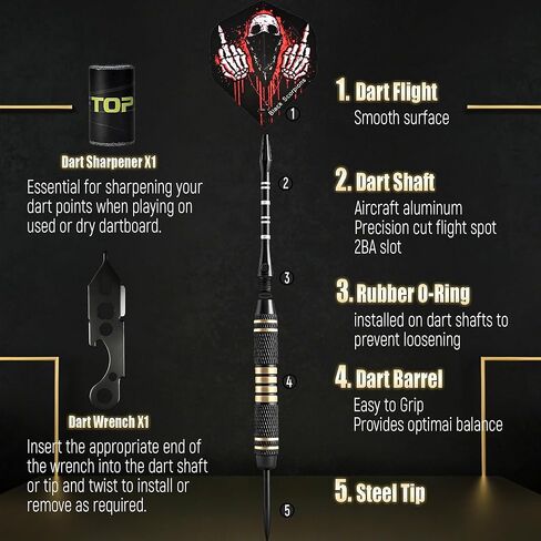 مجموعة سهام احترافية مكونة من 6 قطع بأطراف فولاذية - مجموعة رؤوس معدنية بوزن 22 جرامًا - سهام نحاسية مع 12 عمودًا من الألومنيوم، و12 رحلة رمي السهام، وأداة رمي السهام، ومبراة رمي السهام للمبتدئين وحتى المحترفين in Kuwait