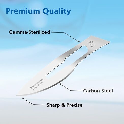 شفرة مشرط جراحي من سوان مورتون #23 - أدوات احترافية للجراحين، معقمة للاستخدام الطبي، فولاذ كربوني - مغلفة بشكل فردي، صندوق مكون من 100 قطعة in Kuwait