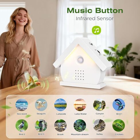 صندوق غناء الطيور الأصلي، صندوق صوت طبيعي مع مستشعر حركة، مصابيح LED، مؤقت، 12 أغنية مهدئة، صندوق زقزقة الطيور المحمول، علاج صوتي بالضوضاء البيضاء للحمام، المنزل، استرخاء البالغين (0-90 ديسيبل) in Kuwait