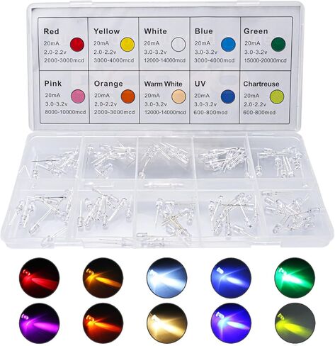 DiCUNO 200pcs 5mm Light Emitting Diodes, Round Clear LED Assorted Kit 10 Colors, White/Red/Yellow/Green/Blue/Pink/Orange/Warm White/UV/Chartreuse, 10 Colors x 20pcs Diodes in Saudi Arabia
