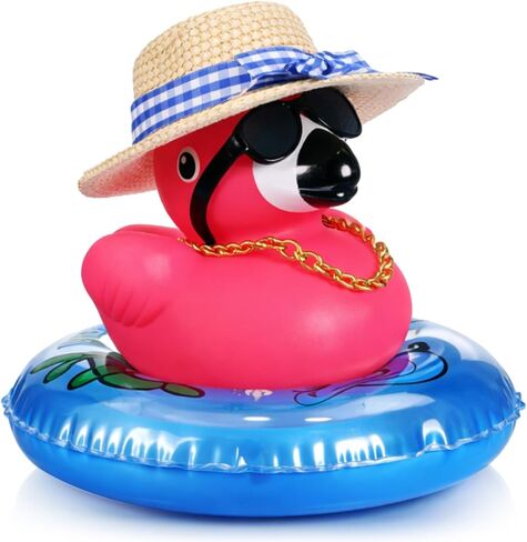 Sotiff Pink Flamingo Rubber Duck Cute Floating Squeaky Mini Rubber Ducks with Mini Cowboy Hats Donut Ring Gold Chain Plastic Heart-Shaped Sunglasses Double-Sided Tape for Birthday Party Favors in Kuwait