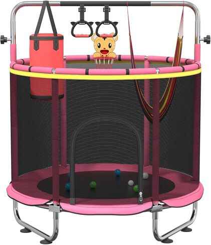 60" Trampoline for Kids,5FT Adjustable for Toddler Trampoline with Enclosure Net,Trampolines Indoor/Outdoor with Basketball Ball& Toys for Boys & Girls in Saudi Arabia