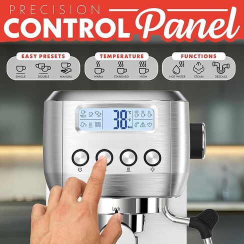 ماكينة إسبريسو جورميا رفيعة مع شاشة LCD - صانع رغوة الحليب، درجة حرارة قابلة للتعديل، تحضير يدوي وآلي، جرعة فردية/مزدوجة، موزع مياه ساخنة، وضع إزالة الترسبات، مضغوطة in Kuwait