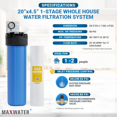 Max Water Whole House Water Filter Housing, 20" x 4.5" Sediment Carbon Cartridge Universal Housing, Pre-Filtration System for Well and City Water with 1" NPT Port and Include 1 Sediment Filter in Saudi Arabia