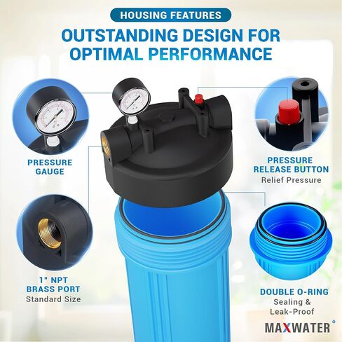 Max Water Whole House Water Filter Housing, 20" x 4.5" Sediment Carbon Cartridge Universal Housing, Pre-Filtration System for Well and City Water with 1" NPT Port and Include 1 Sediment Filter in Saudi Arabia