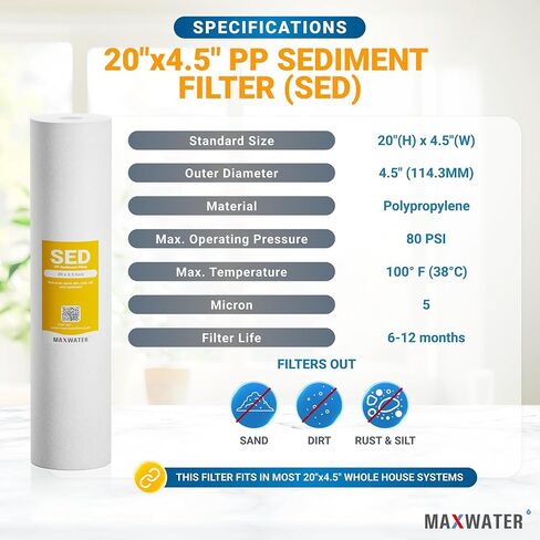 Max Water Whole House Water Filter Housing, 20" x 4.5" Sediment Carbon Cartridge Universal Housing, Pre-Filtration System for Well and City Water with 1" NPT Port and Include 1 Sediment Filter in Saudi Arabia