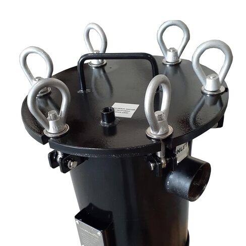 PRM #1 Carbon Steel Bag Filter Housing, 2" NPT Inlet, Dual Side/Bottom 2" NPT Outlet, 150 PSI, 75 GPM Flow, Epoxy Coated, FKM O-Rings, Stainless Steel Strainer Basket, 3-Leg Mount in Kuwait