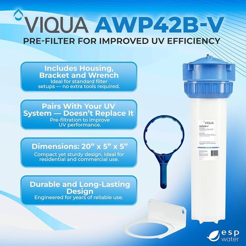 VIQUA AWP42B-V 4.5" x 20" Whole House Water Filter Housing Kit Ideal Prefilter for Viqua UV Systems – Three-Piece 1" FPT Water Filter Housing for Whole House Water Filter System in Kuwait
