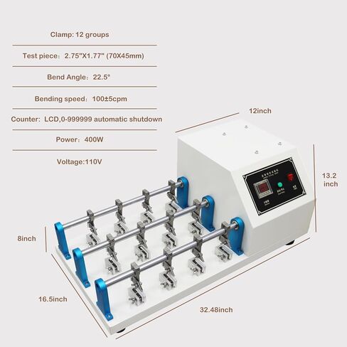 جهاز اختبار مقاومة الجلد القابل للطي 12 مشبك مع عداد LCD 100±5cpm 22.5° زاوية انحناء النسيج جهاز اختبار التحمل القابل للطي لحقائب الملابس العلوية للأحذية 110 فولت in Saudi Arabia