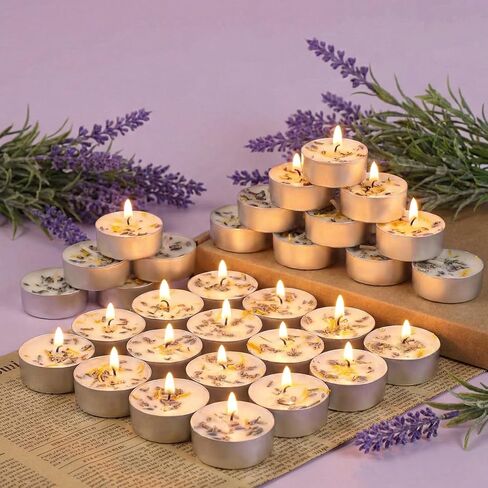 شموع خزامية معطرة شموع تيلايت 16 حزمة-4 ساعات شمع الشمع الأبيض ، شمعة الشاي المجففة للزهرة المجففة (خالية من البارافين) ، شموع نذرية للمنزل/اليوغا/الحمام/التأمل in Kuwait