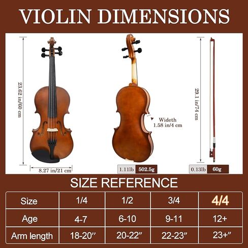 طقم كمان 4/4 بالحجم الكامل، مجموعة كمان كمان للطلاب البالغين المبتدئين مع قوس من خشب الورد، وحقيبة كمان، ومسند كتف، وأوتار إضافية وجسر (خشب رقائقي، كامل) in Kuwait