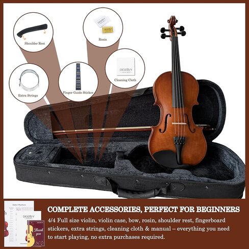 طقم كمان 4/4 بالحجم الكامل، مجموعة كمان كمان للطلاب البالغين المبتدئين مع قوس من خشب الورد، وحقيبة كمان، ومسند كتف، وأوتار إضافية وجسر (خشب رقائقي، كامل) in Kuwait