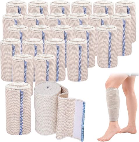 25 Pcs 4 Inch Elastic Bandage Wrap with Self Closure on Both Ends Athletic Stretchable Compression Bandage for Legs, Knees, Ankles, Wrists, Elbows, Shoulders, Athletic Stretchable Wrap(Blue Trim) in Saudi Arabia