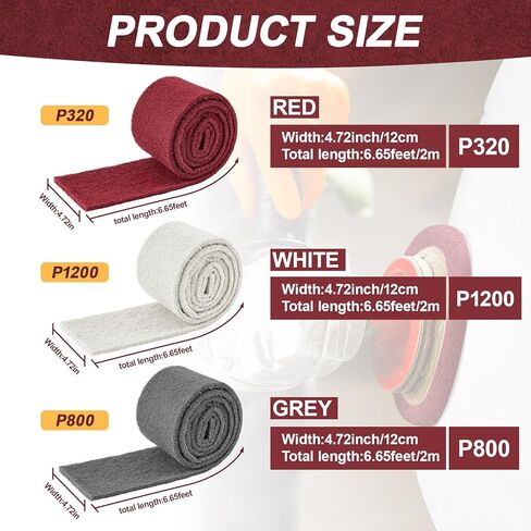 3 لفات من وسادات التنظيف الصناعية مقاس 4.72 بوصة × 6.56 قدم للجرجر، والتنظيف، والصنفرة، والتنظيف، والمزج، والتصاق سطح الطلاء، وجسم السيارة، قابلة للقص، أحمر أبيض رمادي in Kuwait