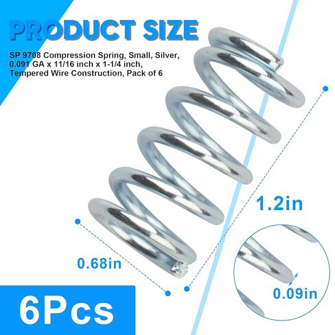 SP 9708 Compression Spring, Small, Silver, 0.091 GA x 11/16 inch x 1-1/4 inch, Tempered Wire Construction, Pack of 6 in Kuwait