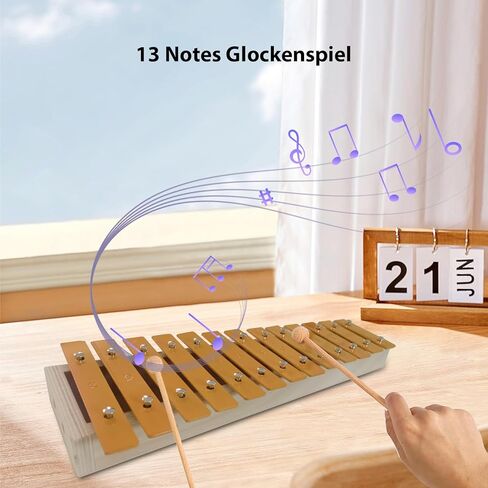 13 Notes Glockenspiel Classic Xylophone, Metal Keys Percussion Musical Rhythm Handheld Musical Instrument with 2 Wooden Beaters Mallets, Gift for Beginners Students Wood C in Kuwait