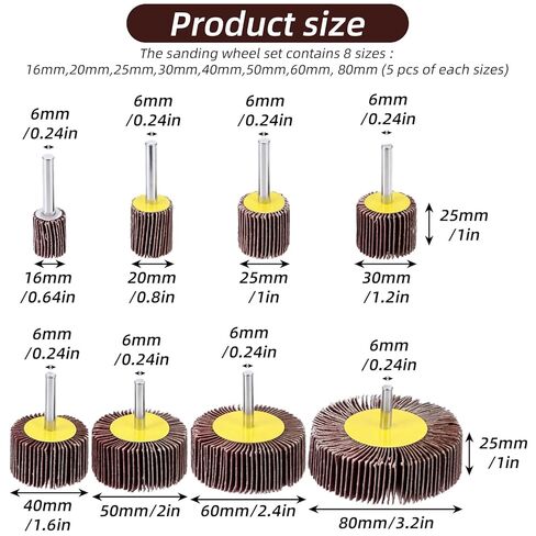 40Pcs 80 Grit Abrasive Flap Wheel Sander for Drill 1/4" Shank, Cylindrical Shape Aluminum Oxide Sanding Wheel for Metal Wood, 8 Size Drill Sanding Attachment in Kuwait