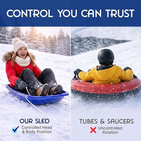 Toboggan Snow Sled for Adults & Kids, 37" Durable Toddler Toboggan Sled, with Pull Rope, Rounded Edges, Cold-Resistant, Made in North America in Saudi Arabia