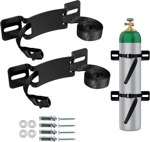 2PCS Gas Cylinder Wall Mounted Brackets, with 59 inches Safety Nylon Belt, Steel Propane Tank Holder, Heavy Duty Oxygen Nitrogen Tank Bracket for OTG Rv Water Softener - Black in Kuwait