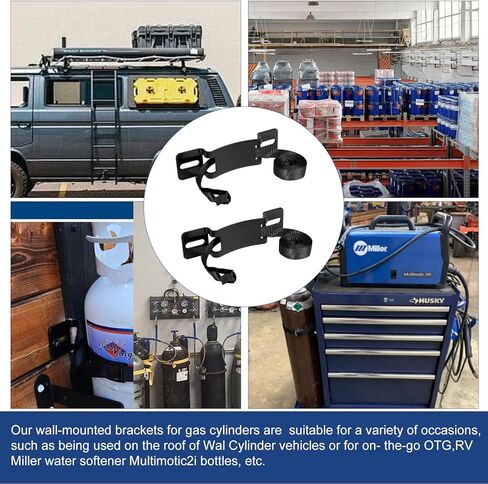 2PCS Gas Cylinder Wall Mounted Brackets, with 59 inches Safety Nylon Belt, Steel Propane Tank Holder, Heavy Duty Oxygen Nitrogen Tank Bracket for OTG Rv Water Softener - Black in Kuwait