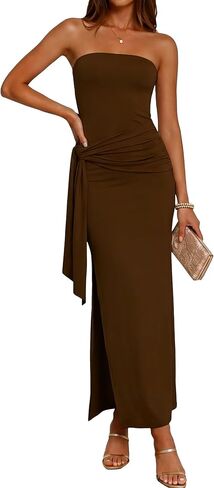 Women's Bodycon Long Dresses Strapless Tube Top Side Slit Maxi Dress in Saudi Arabia