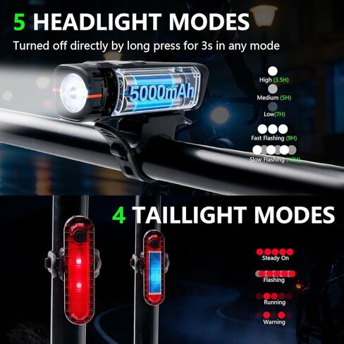 مجموعة مصابيح الدراجة الذكية - مصابيح أمامية وخلفية للدراجة تستشعر الضوء تلقائيًا، 1200 مللي أمبير في الساعة LED قابلة لإعادة الشحن، 212 لومن، مقاومة للماء IPX4، 4 أوضاع، معدات أمان سهلة التركيب لدراجات الطرق والأطفال in Kuwait