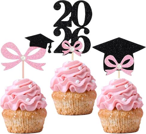 24 Pcs Pink Bow Graduation Cupcake Toppers Coquette Graduation Cap Bow Cupcake Picks Congrats Grad Theme Party Cake Decorations Supplies in Saudi Arabia