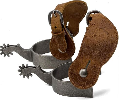 Jeereal Men's Western Cowboy Spurs with Spur Straps, Antique Silver Plated, Iron, 1" Band, 2-1/4" Shank in Saudi Arabia