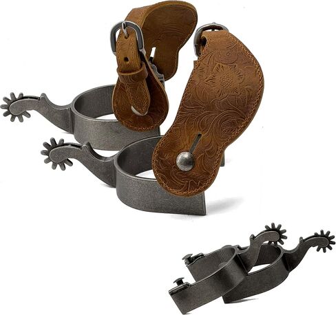 Jeereal Men's Western Cowboy Spurs with Spur Straps, Antique Silver Plated, Iron, 1" Band, 2-1/4" Shank in Saudi Arabia