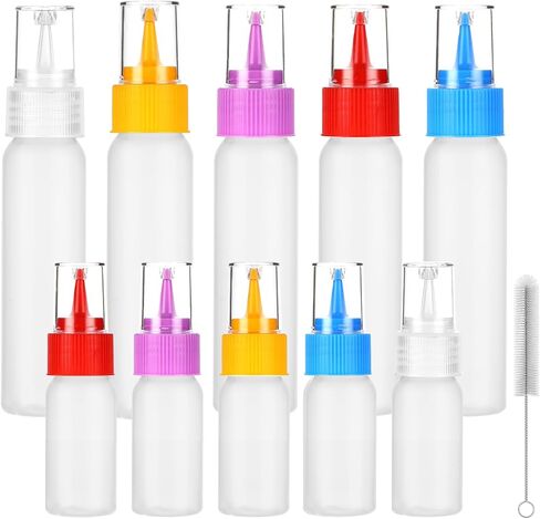 10 Pack Squeeze Bottles Kit with Cleaning Brush - 1oz & 2oz Food Cookie Decorating Supplies for Icing, Sauces, Crafts, Leakproof Design, 5 Colored Caps, Dishwasher Safe in Saudi Arabia