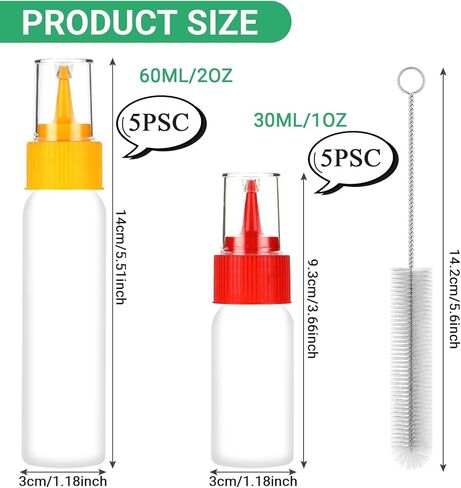 10 Pack Squeeze Bottles Kit with Cleaning Brush - 1oz & 2oz Food Cookie Decorating Supplies for Icing, Sauces, Crafts, Leakproof Design, 5 Colored Caps, Dishwasher Safe in Saudi Arabia