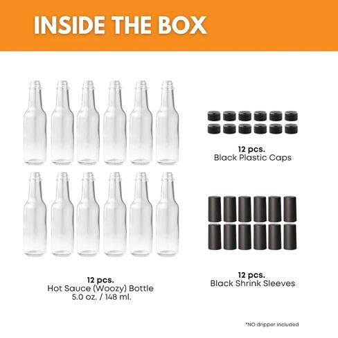 زجاجة فاست راك ووزي 5 أونصة (عبوة من 12 قطعة) | زجاجات صلصة حارة صغيرة للتعليب | زجاجة صلصة زجاجية شفافة فارغة بأغطية بلاستيكية سوداء وأكمام قابلة للانكماش | غطاء مانع للتسرب - لا يتضمن قطارة in Kuwait