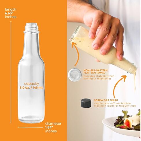 زجاجة فاست راك ووزي 5 أونصة (عبوة من 12 قطعة) | زجاجات صلصة حارة صغيرة للتعليب | زجاجة صلصة زجاجية شفافة فارغة بأغطية بلاستيكية سوداء وأكمام قابلة للانكماش | غطاء مانع للتسرب - لا يتضمن قطارة in Kuwait