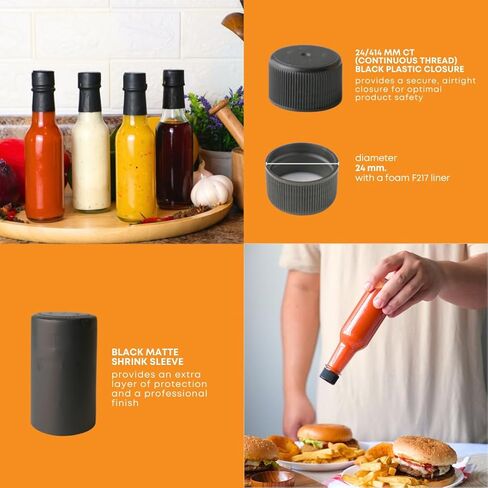 زجاجة فاست راك ووزي 5 أونصة (عبوة من 12 قطعة) | زجاجات صلصة حارة صغيرة للتعليب | زجاجة صلصة زجاجية شفافة فارغة بأغطية بلاستيكية سوداء وأكمام قابلة للانكماش | غطاء مانع للتسرب - لا يتضمن قطارة in Kuwait