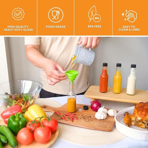 زجاجة فاست راك ووزي 5 أونصة (عبوة من 12 قطعة) | زجاجات صلصة حارة صغيرة للتعليب | زجاجة صلصة زجاجية شفافة فارغة بأغطية بلاستيكية سوداء وأكمام قابلة للانكماش | غطاء مانع للتسرب - لا يتضمن قطارة in Kuwait