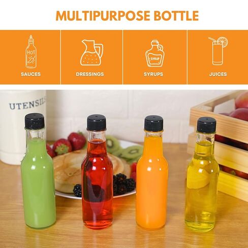 زجاجة فاست راك ووزي 5 أونصة (عبوة من 12 قطعة) | زجاجات صلصة حارة صغيرة للتعليب | زجاجة صلصة زجاجية شفافة فارغة بأغطية بلاستيكية سوداء وأكمام قابلة للانكماش | غطاء مانع للتسرب - لا يتضمن قطارة in Kuwait