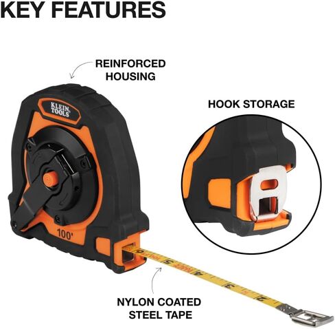 Klein Tools 94100CR Closed Reel Long Tape Measure, 100-Foot Nylon Coated Blade, with Belt Clip and Lanyard Hole in Saudi Arabia
