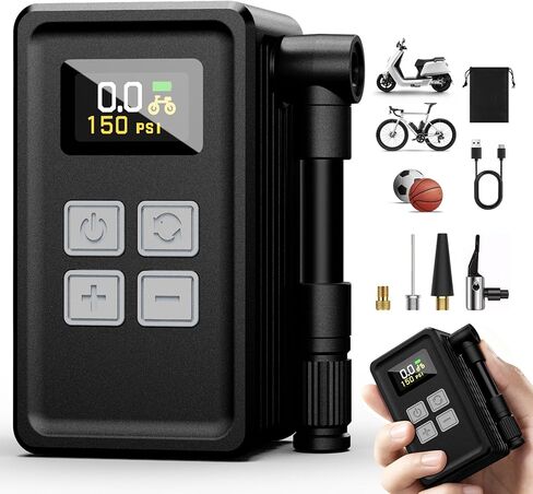 Mini Bike Pump 150PSI with Gauge, Fast Inflation Electric Air Pump, Portable Tire Inflator for Presta & Schrader Valve - Electric Bike, Mountain Bike, Road Bike, Motorcycle, Sports Ball in Saudi Arabia