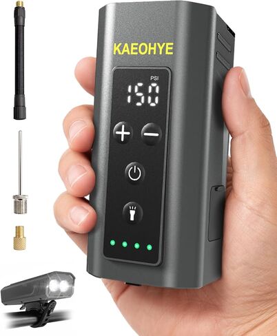 مضخة دراجة صغيرة مع مصباح أمامي للدراجة، مضخة هواء دراجة كهربائية محمولة بقوة 150 رطل لكل بوصة مربعة مع بريستا وشرايدر للطرق/MTB/الدراجة الإلكترونية، مقياس رقمي وإيقاف تلقائي in Kuwait