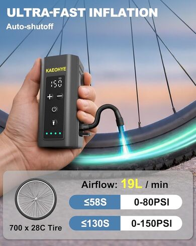 مضخة دراجة صغيرة مع مصباح أمامي للدراجة، مضخة هواء دراجة كهربائية محمولة بقوة 150 رطل لكل بوصة مربعة مع بريستا وشرايدر للطرق/MTB/الدراجة الإلكترونية، مقياس رقمي وإيقاف تلقائي in Kuwait