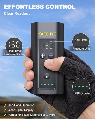 مضخة دراجة صغيرة مع مصباح أمامي للدراجة، مضخة هواء دراجة كهربائية محمولة بقوة 150 رطل لكل بوصة مربعة مع بريستا وشرايدر للطرق/MTB/الدراجة الإلكترونية، مقياس رقمي وإيقاف تلقائي in Kuwait