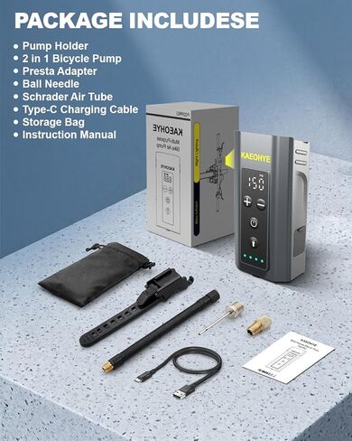مضخة دراجة صغيرة مع مصباح أمامي للدراجة، مضخة هواء دراجة كهربائية محمولة بقوة 150 رطل لكل بوصة مربعة مع بريستا وشرايدر للطرق/MTB/الدراجة الإلكترونية، مقياس رقمي وإيقاف تلقائي in Kuwait