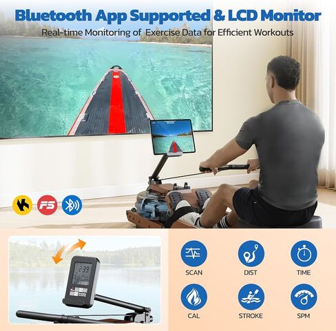 Dripex Water Rowing Machines for Home, Foldable Row Machine with 400LBS Weight Capacity, Rower Machine with Dedicated LCD Monitor, Comfortable Seat, Bluetooth App Compatible for Home Gym Exercise in Kuwait