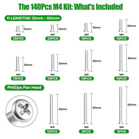 168 Pcs M4 Phillips Pan Head Machine Screws Kit for Switch Boxes | 10 Metric Sizes (M4 x 6mm to 30mm), Carbon Steel Black Screws for Wall Socket Outlets & Faceplates, Clear Label Storage Box in Saudi Arabia