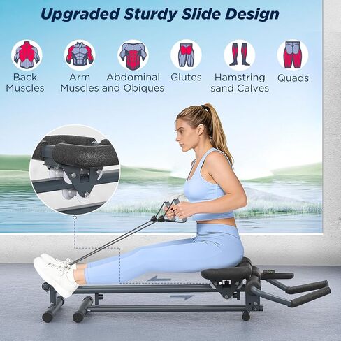 آلة التجديف 4 في 1، آلة البطن - معدات تمرين الجسم بالكامل قابلة للطي مع أشرطة مقاومة لتمارين القلب والقوة والتدريب الأساسي - أسود in Kuwait